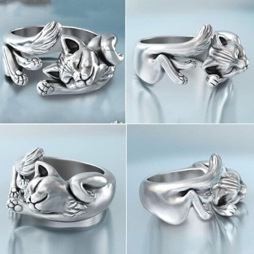 Unique Womens Ring Creative Silver Color Lovely Cat Animal Opening Ring for Women Party Jewelry Adjustable Hand Accessories