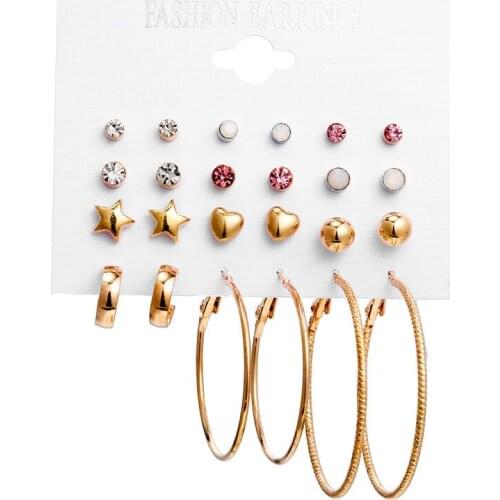 Vintage Star Round Crystal Geometric Gold Color Dangle Earrings Set For Women Girls Metal Earring Handmade Female Jewelry