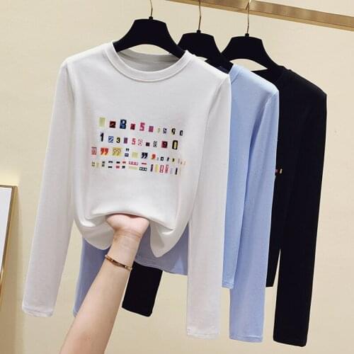 XL Korean Black White Cotton Tops Tee Shirt Femme Printted Slim Women Tshirt O-Neck Long Sleeve T-shirt Vogue 2021 Spring