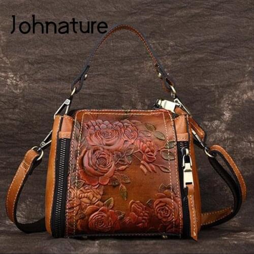 Johnature 2020 New Vintage Genuine Leather Handbag Women Handmade Embossed Shoulder & Crossbody Bags Cowhide Bucket Totes
