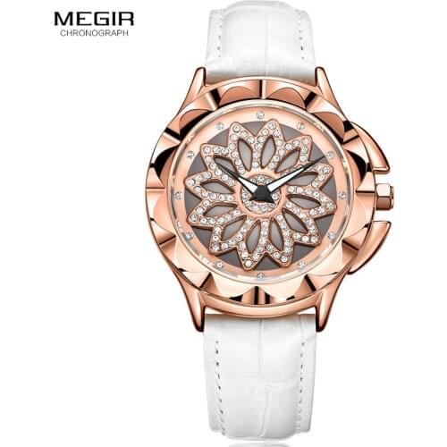 MEGIR Womens Fashion Quartz Watches Casual Rose Gold Flower Dial Leather Strap Analogue Wristwatcch for Ladies White 2059LREWE
