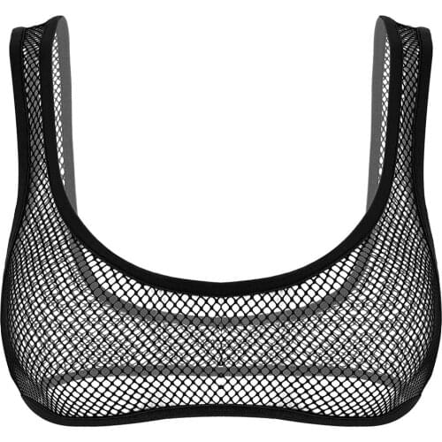 Summer Women See Through Fishnet Mini Sexy Tops Wide Shoulder Straps Deep U-neck Transparent Mesh Crop Top Adult Female Clubwear