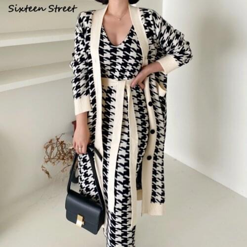 Elegant Knitwear Woman Knit Cardigan V-neck Dress Sets Blue Houndstooth Autumn Vintage Long Cardigan 2 Piece Woman Korean Winter