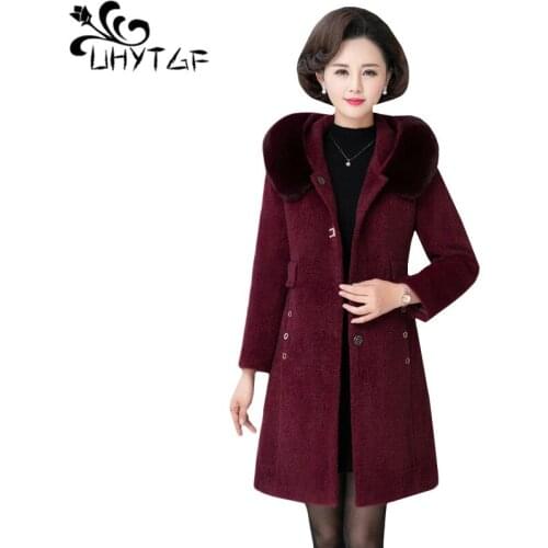 UHYTGF Winter coat female quality Mink Cashmere wool coat women luxury fur collar hooded Thick warm 5XL plus size tops women 527