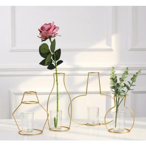 1PC Home Party Vase Abstract Gold Lines Minimalist Abstract Iron Glass Vase Dried Flower Vase Racks Nordic Flower Decor. JL 226