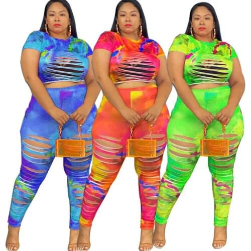 5xl Two Piece Set Women Summer Outfits O-Neck Short Sleeve Tops and Pants Suits Hollow Out Skinny Plus Size Sets Dropshipping