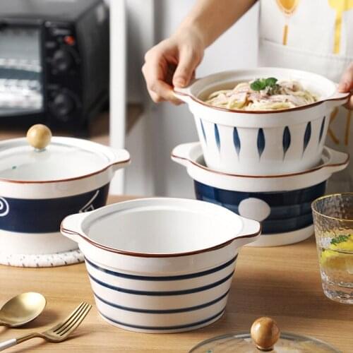 Japanese style binaural instant noodle bowl with lid household creative soup bowl dormitory ceramic instant noodle bowl