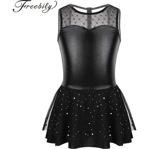 Kids Teens Black Metallic Mesh Splice Gymnastics Leotard Dress Ballet Tutu Children Girls Figure Skating Dance Costumes