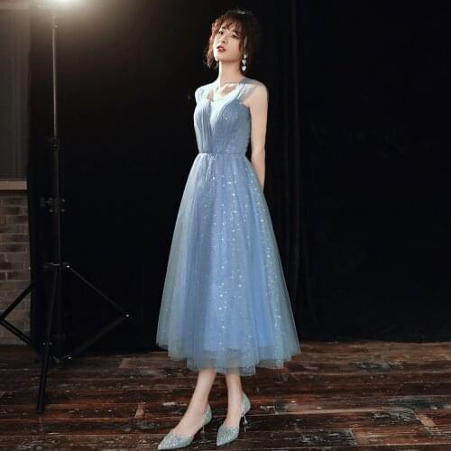 Bridesmaids Dresses Illusion Strapless Short Pleat Tulle Lace A-Line Off The Shoulder Light Blue Women Wedding Party Gown E752