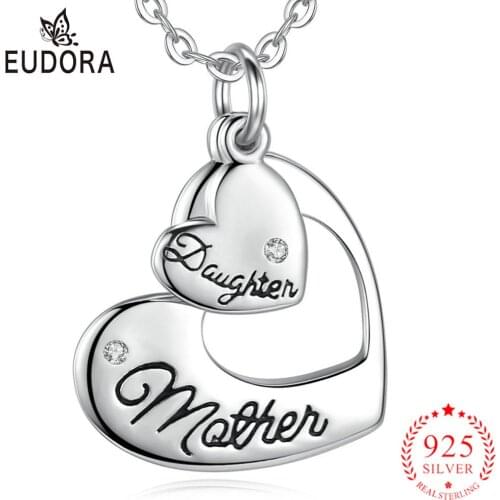 Eudora Real 925 Sterling Silver Zirconia Crystal Mother Daughter Heart Pendant Necklaces Mothers Day Gift Family Gifts Jewelry