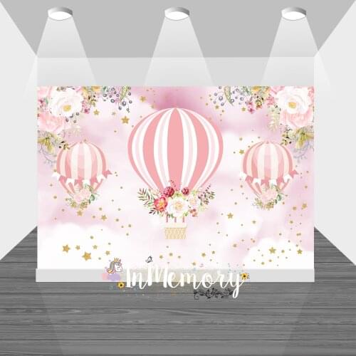 Photo Backgrounds Pink Sky Clouds Flowers Hot Air Balloons Stars Baby Shower Birthday Photography Backdrops For Photo Studio