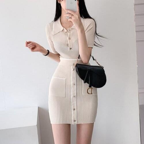 Single-breasted Pocket Short Sleeve Black Short Sets For Women New Summer Elegant Knitting Suit Thin Mini Skirt Two-Piece Outfit