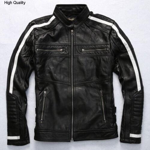 Genunie black real sheepskin leather coat biker wind men rivet slim motorcycle jacket male