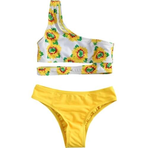 Citgeett Summer Kids Girls 2Pcs Set One Sleeve Flower Print Crop Top and Solid Color Short Pants Swimsuit Set