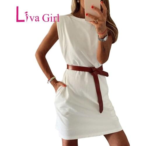 LIVA GIRL Padded Shoulder Sleeveless Cotton Pocketed Mini Woman Dress 2020 Summer Cute O-Neck Solid Femme Robe Pockets Vestido