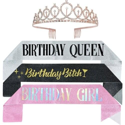 Girls Queen Birthday Decoration Glitter Satin Sash Ribbon Birthday Shoulder Strap Set Rhinestone Crystal Crown Tiara Anniversary