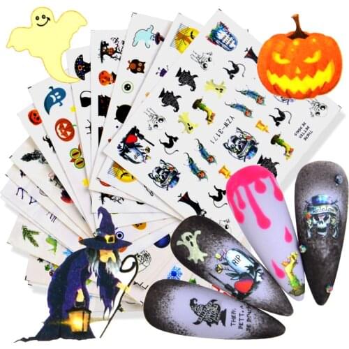 Halloween Christmas Autumn Designs Nail Art Water Sticker Anime Skull Bone Decals Gel Polish Slider Accessories Nail Decora
