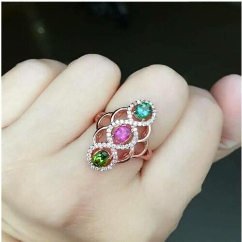 Natural RealTourmaline ring Free shipping 925 sterling silver Fine 4*5mm 4pcs Gem