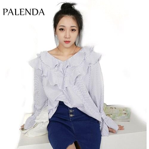 2017 new autumn stripe top blouses butterfly sleeve sweet girl