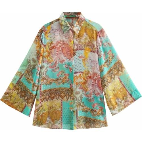 Za New Women Retro Floral printing Simple Style Loose Big Size Long Sleeve Chiffon Shirt Casual Chic Tops XITIMEAO