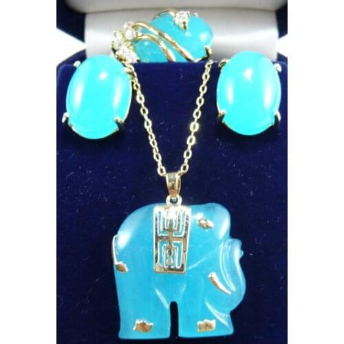 Wholesale noble blue Natural jade stud earrings ring(#6.7.8) elephant pendant jewelry set
