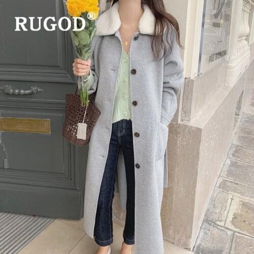 RUGOD Women Double-faced Wool Coat Women Fashion Removable Lamb Wool Collar Single Breasted Woolen Jacket Tunic Belted LongCoat