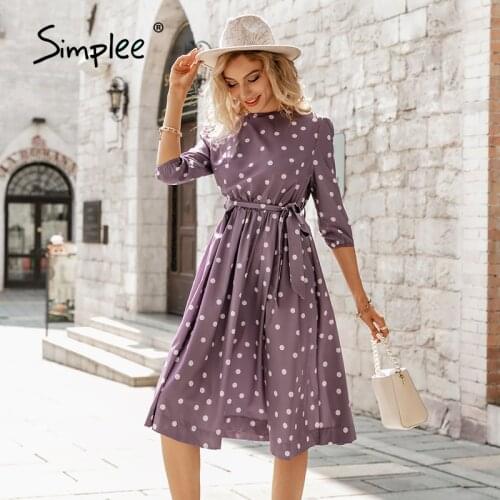 Simplee Elegant A-line polka dot women dress autumn Office lady o-neck belt women midi dresses Half sleeve female purple vestido