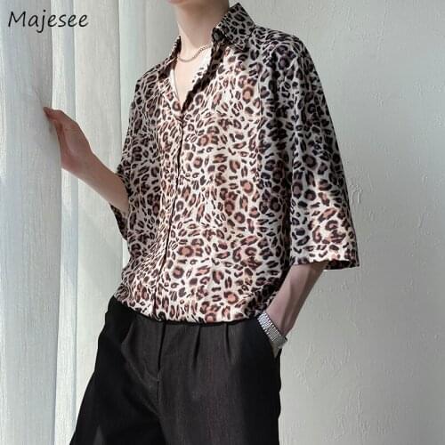Half Sleeve Shirts Men Leopard Oversize Draped High Street Summer Harajuku Social Hawaiian Handsome Stylish Gentleman Club Cool