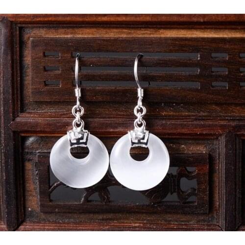 Real S925 Silver Dangle Earrings For Women White and Black Cats Eye Quartz New Earrings Drop