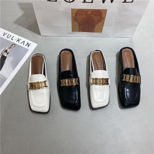 Luxury Design Slip On Outside Mules Slippers Brand Chain British Sandal Shoes Flat Round Toe Slides Big Size 41
