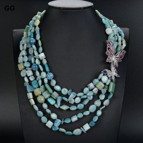 GuaiGuai Jewelry 5 Rows Mix-Shape Amazonites Aquamarines Jades Crystal Necklace CZ Connector For Women