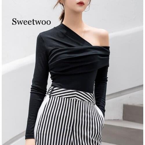 Sexy Off Shoulder Asymmetric Womens T-shirts Tops Female Slim Long Sleeve Fashion Black Tshirt Autumn 2020