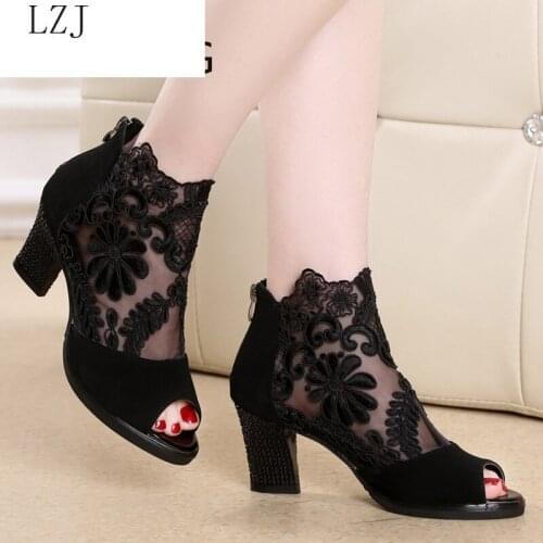 Fashion 2020 Summer Mesh Peep Toe Sandals Sexy Heels Single Shoes Lace Pumps Woman High Heel Fashion Women Shoes Platform Ladies