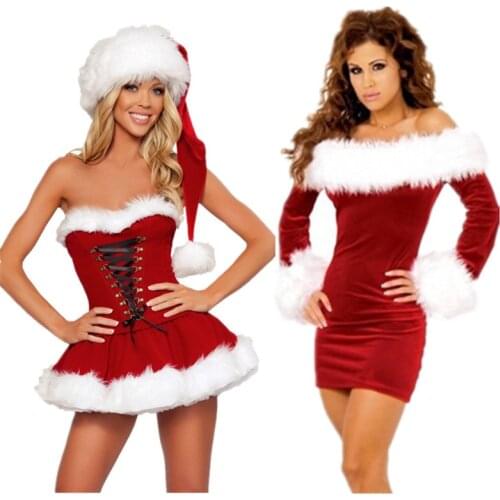 New Year Christmas Party Women Santa Claus Cosplay Costume Sexy Strapless Shoulder Red Velvet Fancy Pleated Dress