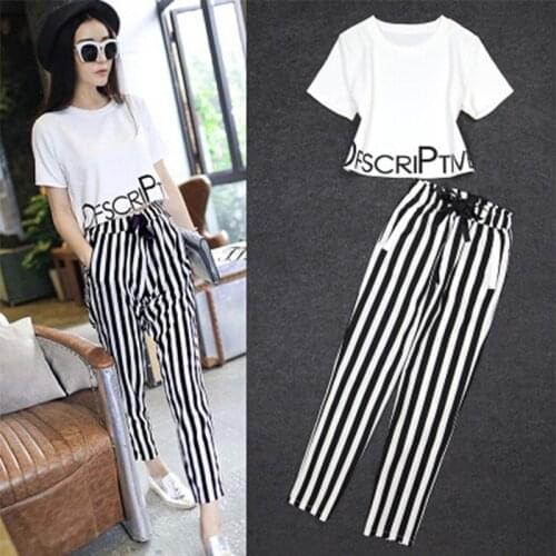 2pc/1set Summer Spring Women Short Sleeved T-shirt + Sport Stripe Pants Cotton Casual Two Piece Suit Fashion Womens Clothing