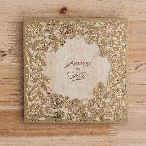 20pcs Gold Square Laser Cut Wedding Invitation Cards with Embossed Hollow Floral for Bridal Shower Engagement Birthday CW5279