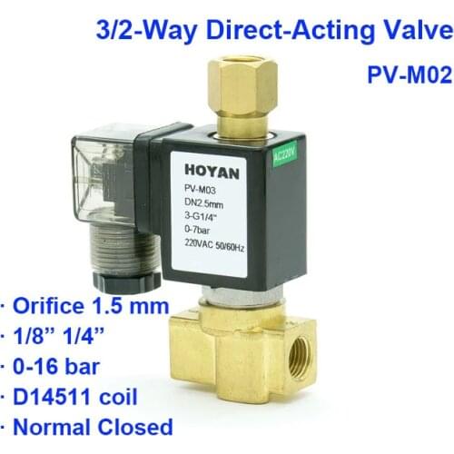 3/2 Way Normal Close Pneumatic Water Solenoid Valve PV-M02 Orifice 1.5mm 0-16bar BSP Port G1/4" G1/8