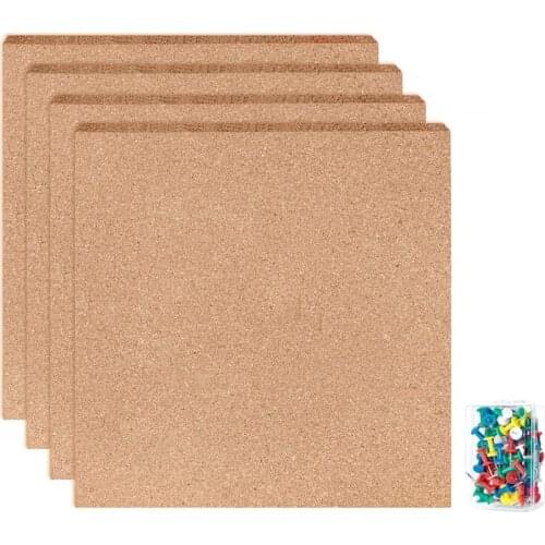 4Pcs Cork Board Tiles Thick Bulletin Board Mini Wall with 50 Push Pins for Strong Self Adhesive Backing