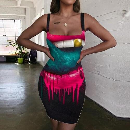 Giyu Brand Lips Dresses Women Graffiti Halter Sleeveless Colorful Ladies Dresses Sexy Vestido Sexy Womens Clothing Club New