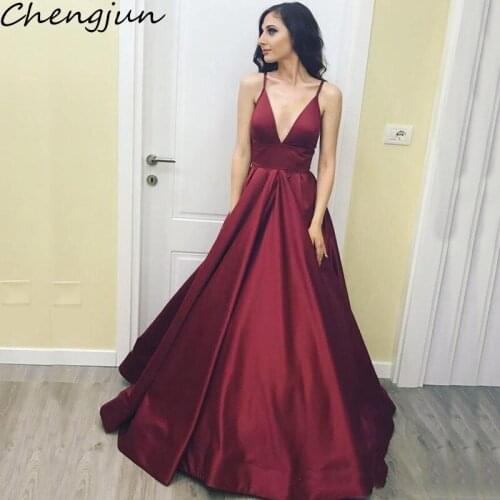 Chengjun Simple Elegant Sexy Burgundy Satin V-Neck Long Evening Dresses 2019
