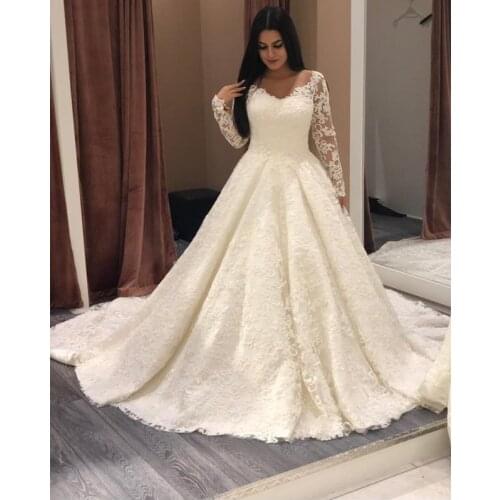 Elegant Lace Long Sleeve Wedding Dress for Bride Scoop Neck Wedding Bridal Gowns Appliques Robe De Soirée De Mariage