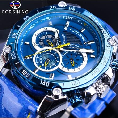 Forsining Men Watch Relogio Masculino Blue Automatic Date Leather Business Mechanical Clock Creative Military Army Wrist Watches