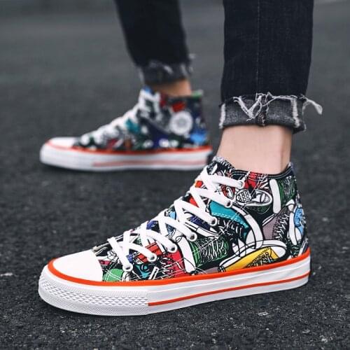 Hot Fashion Graffiti Shoes Men Casual Colors Anime High Top Sneakers Male Breathable Canvas Skateboard Shoes Men zapatillas lona