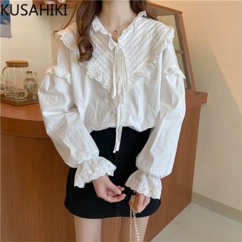 KUSAHIKI Korean Lace Patchwork Women Blouse Bow Tie V-neck Flare Sleeve Shirt 2021 Spring New Causal Blusas Mujer 6F164