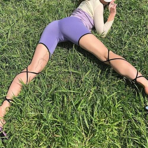 Early Spring Women Solid Irregular Cut High Waist Skinny Knee-Length Pants Lace-Up Casual Stretchy Workout Sport Biker Leggings
