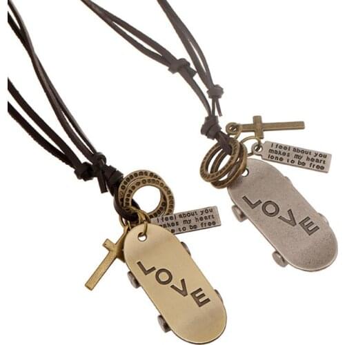 Fashion Vintage Long Necklace Multilayer Rope Genuine Leather Alloy Scooter Love Cross Pendants Handmade Women Men Jewelry Gift