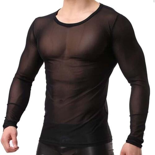 Mens Fashion Tops Sexy Gauze Long-Sleeve Tees Transparent Mesh Sleeved T-shirt Casual Ultra-thin Top Breathable Undershirt