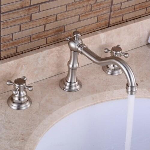 Deck Mounted 3 Holes Bath Tub Mixer Tap Brushed Nickel Widespread Dual Cross Handles bathroom basin Faucet anf028