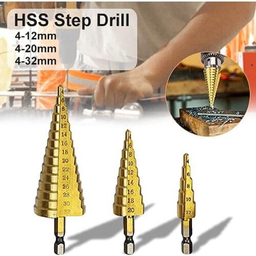 Hss step drill bit set cone hole cutter Taper metric 4 - 12 / 20 / 32mm 1 / 4 "titanium coated metal hex core drill bits