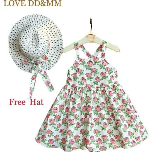 LOVE DD&MM Girls Party Princess Dresses New Childrens Wear Sweet Sling Rose Sleeveless Dress Kids Clothing For Girl Free Hat